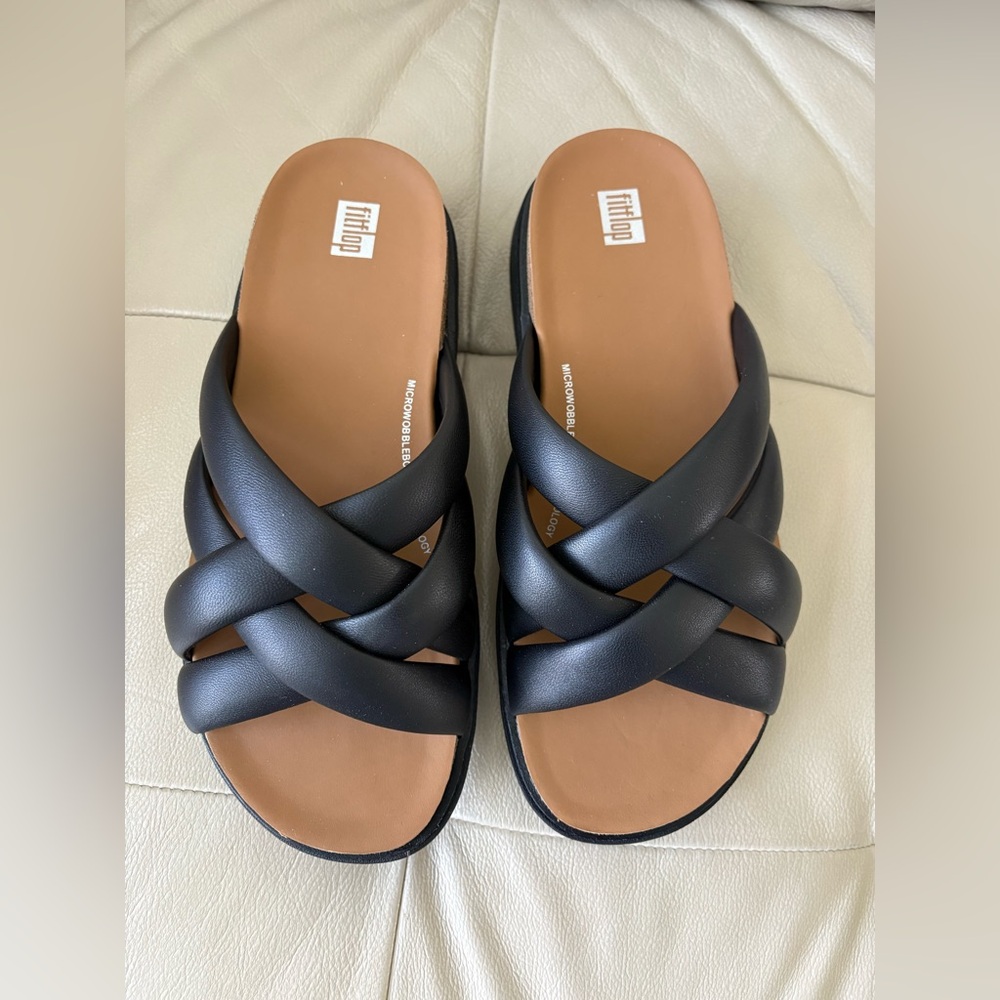 Fitflop Black Padded Crisscross Slide with Tan Footbed - Picture 3 of 5